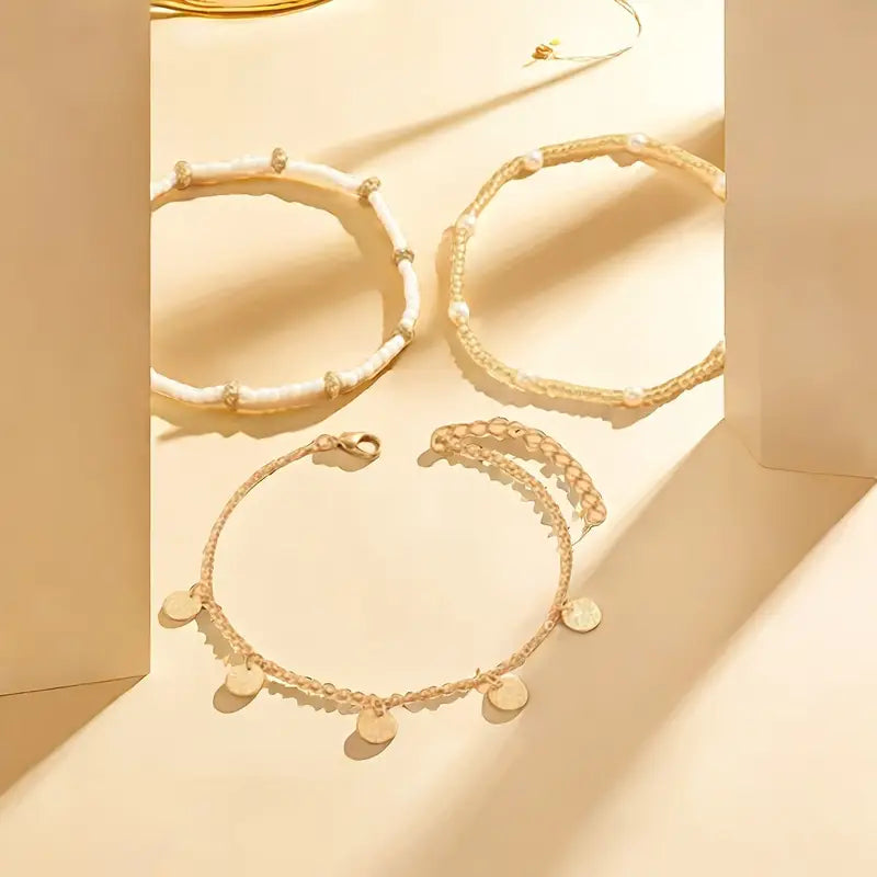 Coastal Charm 3-Piece Layered Anklet Set | Gold 18k